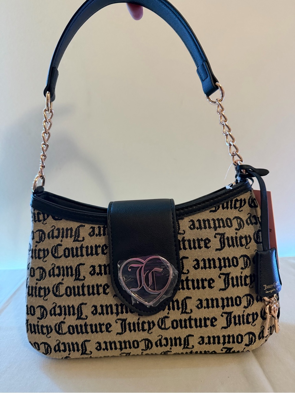 Juicy Couture Black & Beige Logo Jacquard Shoulder Bag